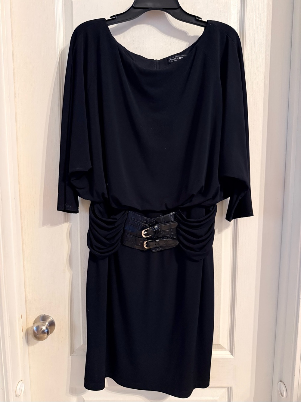 Jessica Howard Black Draped Midi Dress with Double Buckle Waist